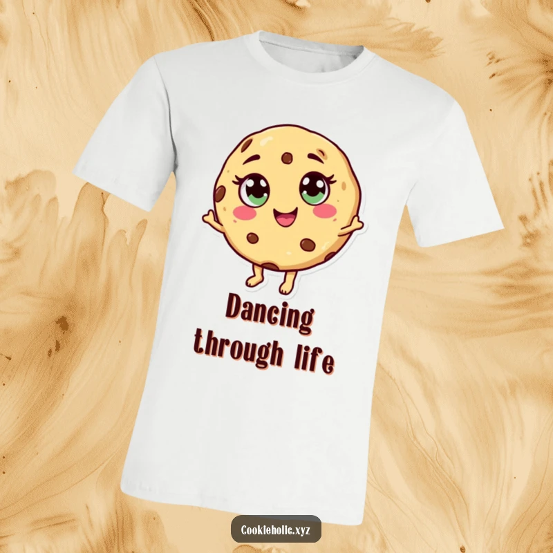 Funny dancing cookie t-shirt showing a cookie character with candy eyes and a swirl mouth, grooving happily.