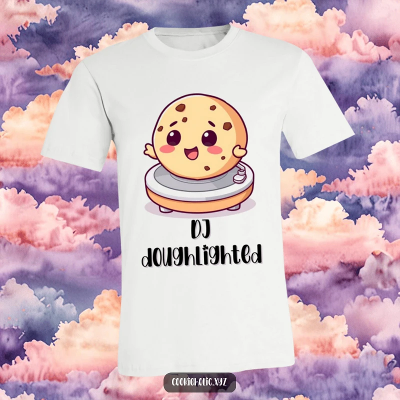 Funny t-shirt depicting a cookie character joyfully spinning on a DJ turntable, celebrating music and sweet treats.