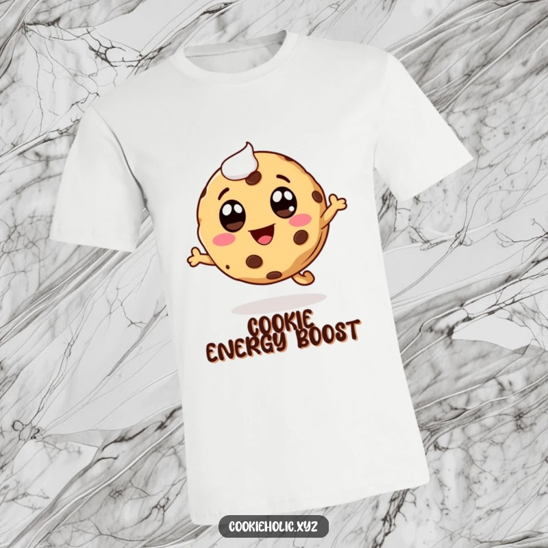 Funny whimsical cookie t-shirt, leaping character with icing eyes and a smiling chocolate chip mouth, full of energy.