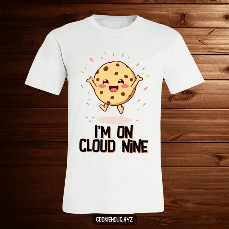 Funny t-shirt showcasing a happy cookie character leaping with excitement, surrounded by a cascade of vibrant sprinkles.