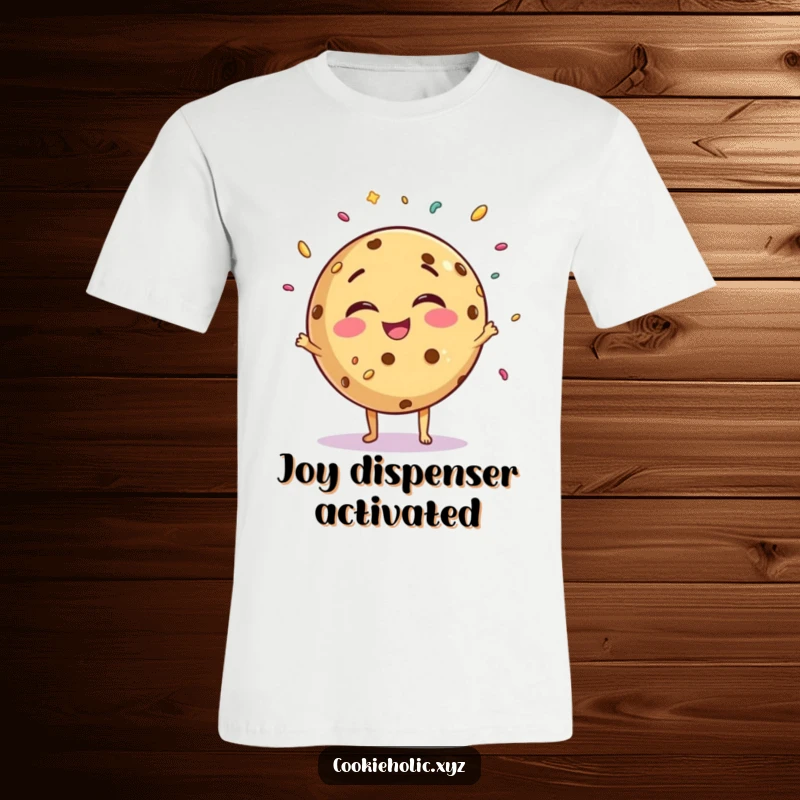 Funny giggling cookie t-shirt, round cookie character juggling tiny sprinkles with immense joy, cheerful and fun.