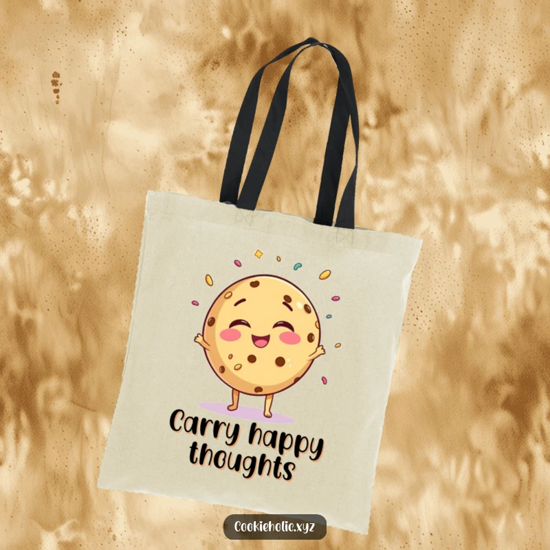 Funny giggling cookie tote bag, round cookie character juggling sprinkles with joy, practical and cute.