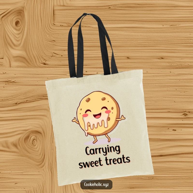 Funny tote bag with a smiling cookie character with dripping frosting, cheerfully dancing, perfect for carrying daily necessities with a sweet touch.