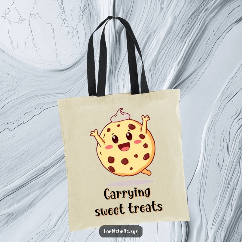 Funny tote bag illustrated with a cookie doing a joyful somersault, perfect for carrying daily items with a sweet touch.