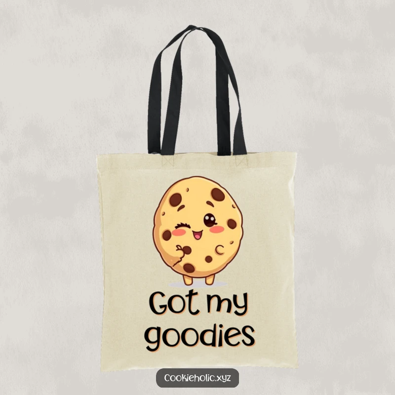 Funny bitten cookie tote bag showing a cookie character with a bite missing, giving a charming and playful wink.