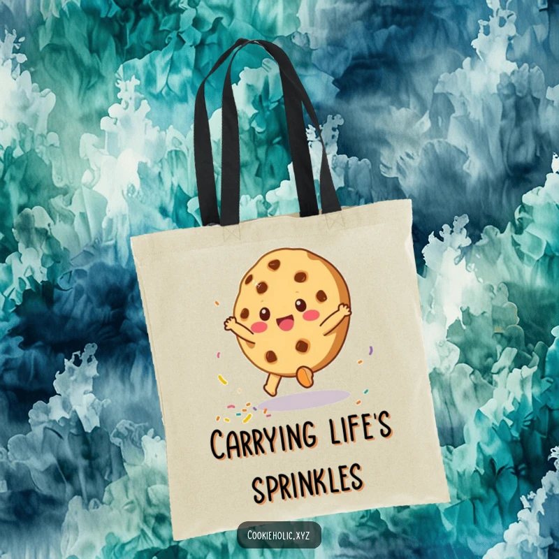 Funny tote bag illustrating a happy cookie doing a cartwheel and scattering vibrant sprinkles, perfect for daily use.