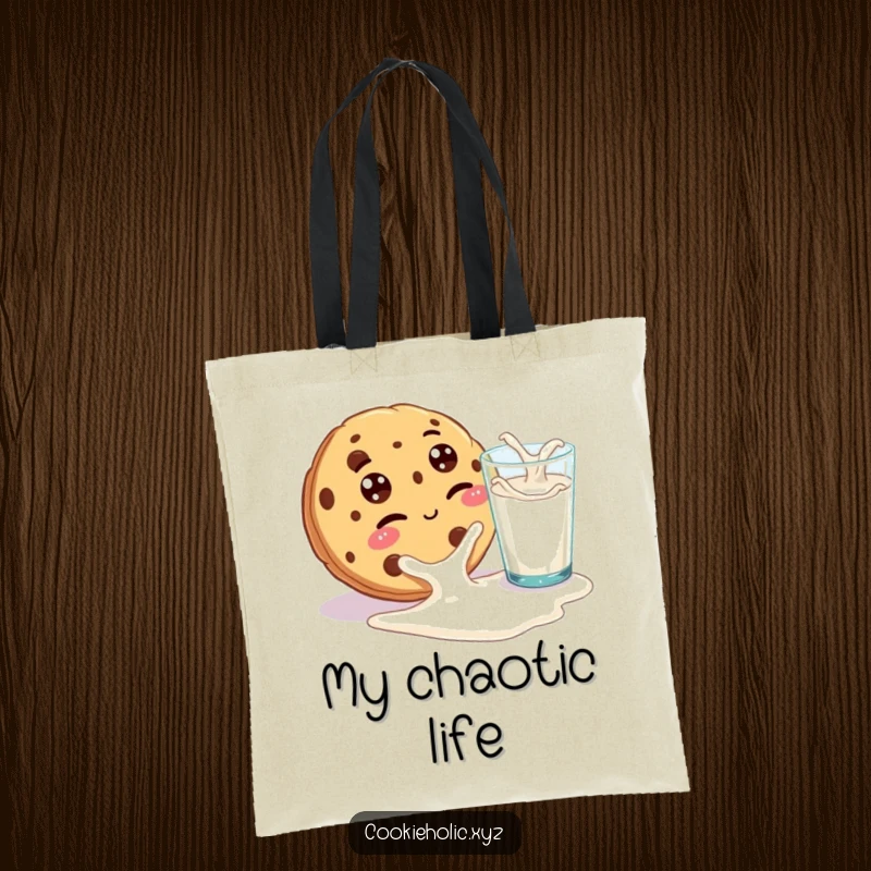 Funny tote bag with a cookie with googly eyes playfully winking at a spilled glass of milk, perfect for carrying daily necessities with a cheeky touch.