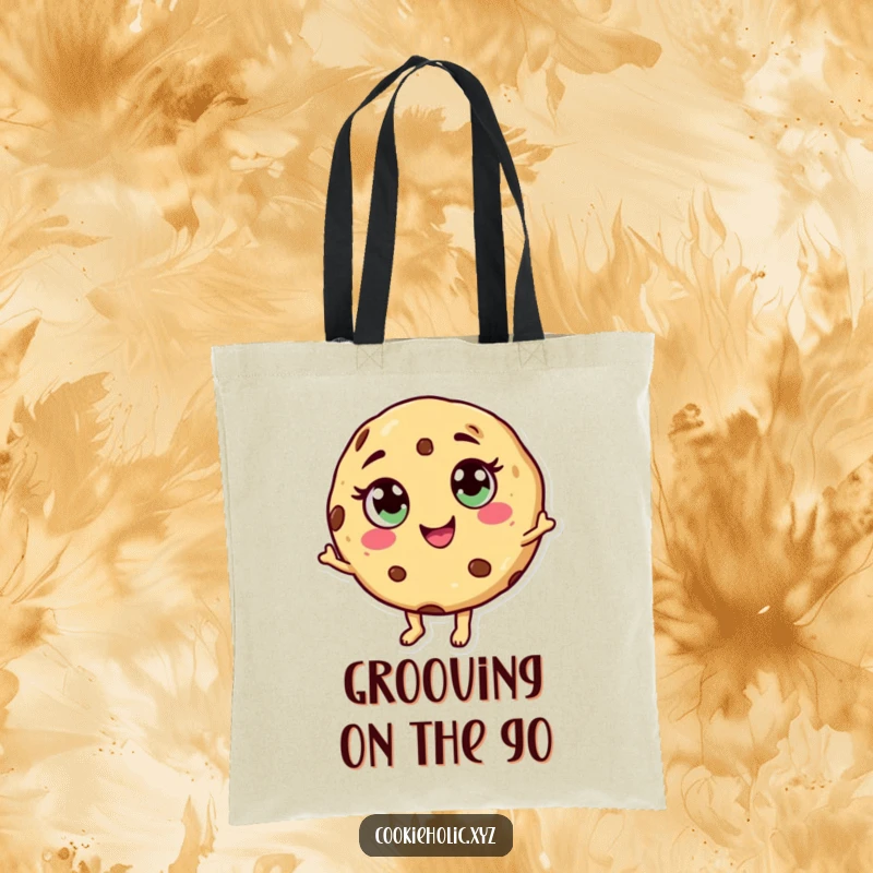 Funny dancing cookie tote bag with a cookie character with candy eyes and a swirl mouth, dancing merrily.