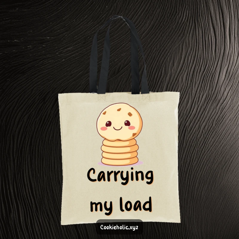Funny tote bag illustrated with a sugar cookie balancing smaller cookies, perfect for carrying daily items with a sweet touch.