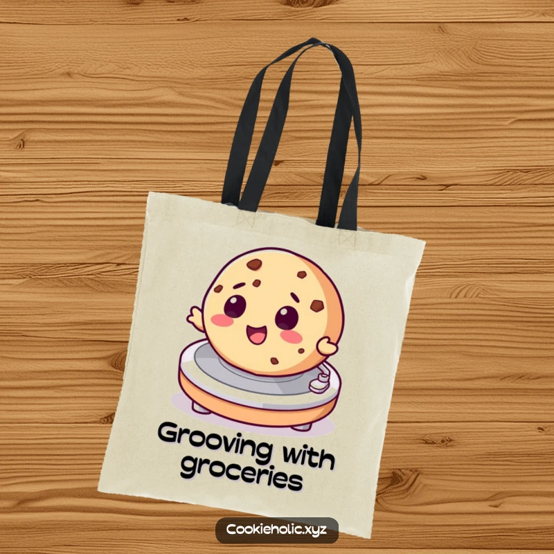 Funny tote bag showing a cookie character spinning on a turntable, designed for music lovers and snack enthusiasts.