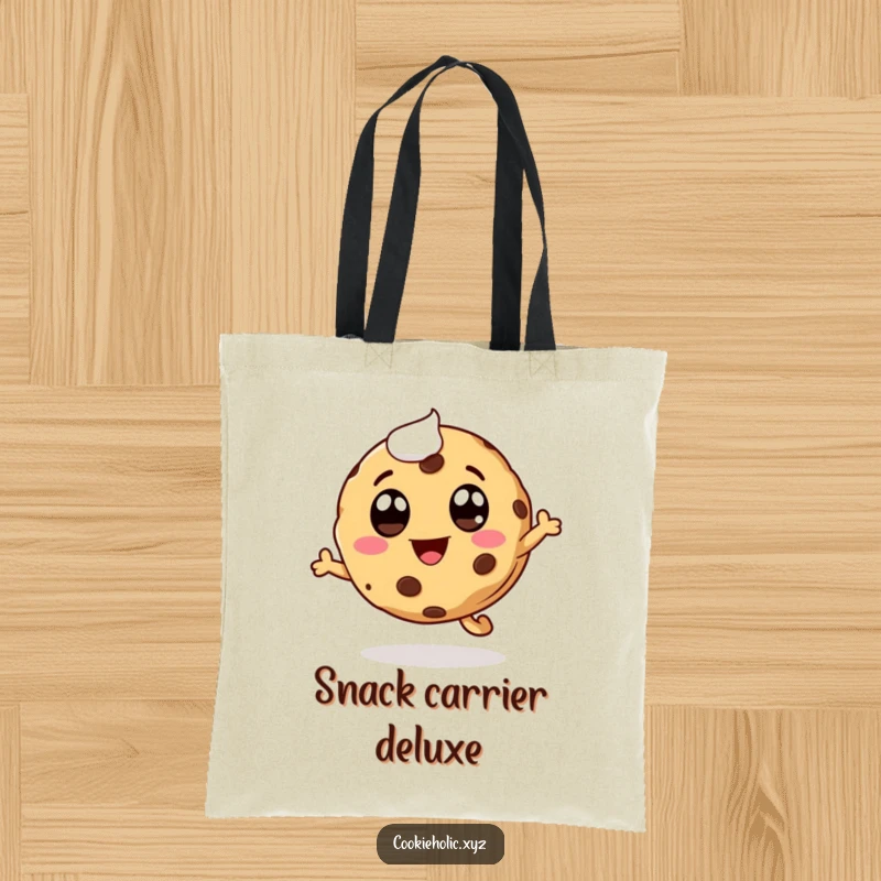 Funny whimsical cookie tote bag, cookie character leaping, with icing eyes and a smiling mouth, practical and cute.