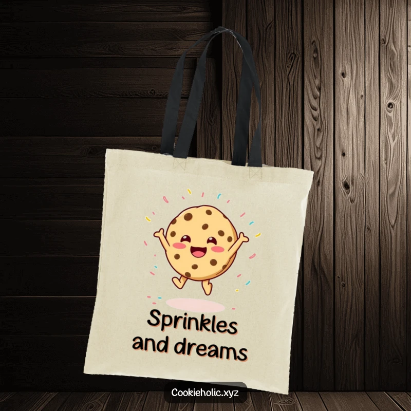 Funny tote bag featuring a happy cookie character mid-leap, surrounded by a playful scattering of colorful sprinkles.